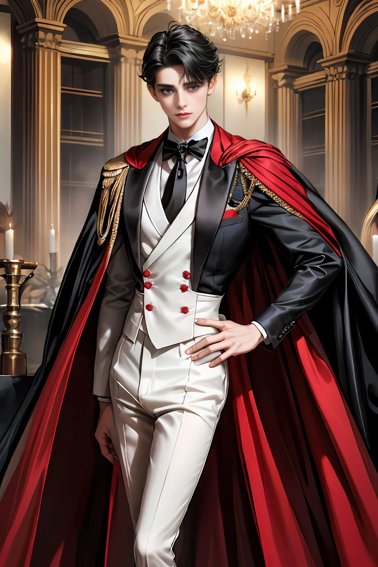masterpiece, 最high quality, high quality, 1 boy, alone, Male focus, Watching the audience, Messy black hair, Adorable big blue eyes, White people, Noble, Noble,Sexy voluminous black and red cape、Tuxedo、A very voluminous, large, very large, very large, long, long red and black cape with a high stand-up collar, made of a lot of fabric that reaches down to the floor., ,Cute beautiful boys,Cute, cute, kind, handsome guy