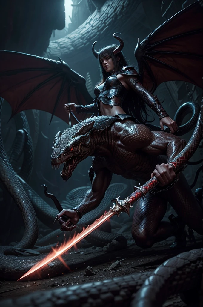 draw a demon with wings fighting a giant snake, using a sword in a dark environment full of blood