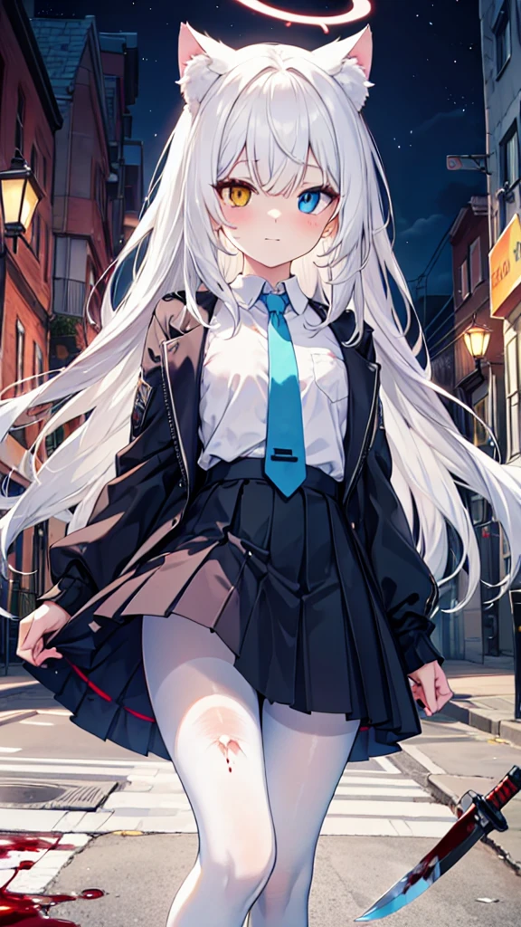 White pantyhose，White hair，crazy，Long hair，Cat ear，Heterochromia（Left blue right red），Female face，There are bright spots in the eyes，flat chest，red halo，night，uninhabited alley，Black skirt，With a knife，There are blood stains on the body，Loss of light in the eyes，Shadow on the face，Fake laugh，Blue tie