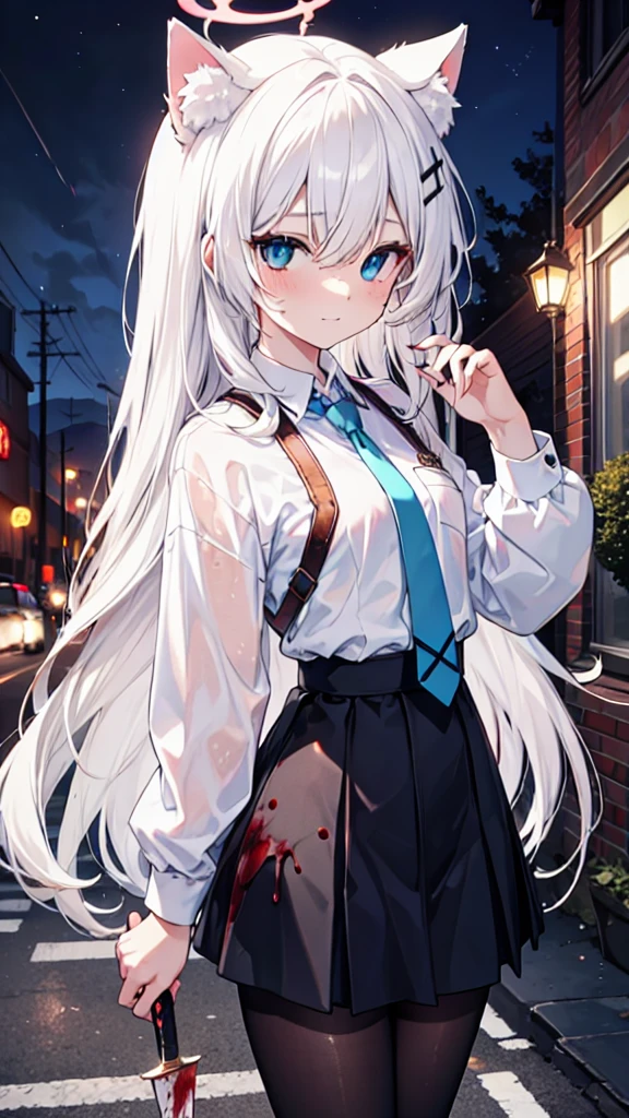 White pantyhose，White hair，crazy，Long hair，Cat ear，Heterochromia（Left blue right red），Female face，There are bright spots in the eyes，flat chest，red halo，night，uninhabited alley，Black skirt，With a knife，There are blood stains on the body，Loss of light in the eyes，Shadow on the face，Fake laugh，Blue tie