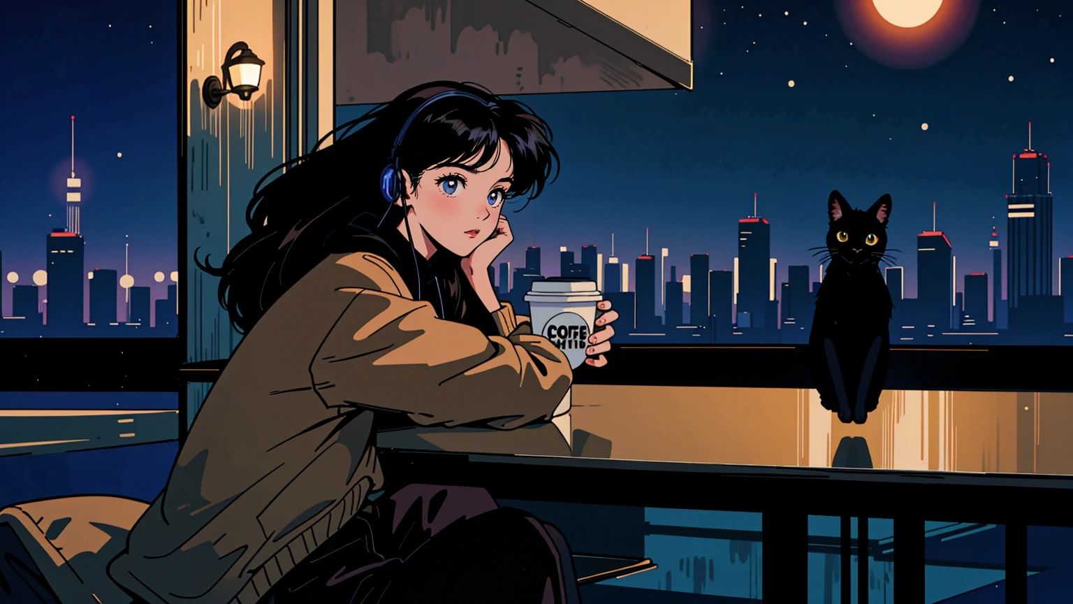 best quality, 8k, 1990s style,2010s hairstyles, 21 year old girl, black hair, long hair, light brown eyes, city pop, pants ,night view, wearing headphones, whole body,  relax coffee,table,confection,Looking at me, Black cat
