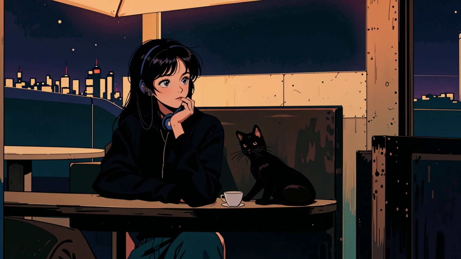 best quality, 8k, 1990s style,2010s hairstyles, 21 year old girl, black hair, long hair, light brown eyes, city pop, pants ,night view, wearing headphones, whole body,  relax coffee,table,confection,Looking at me, Black cat
