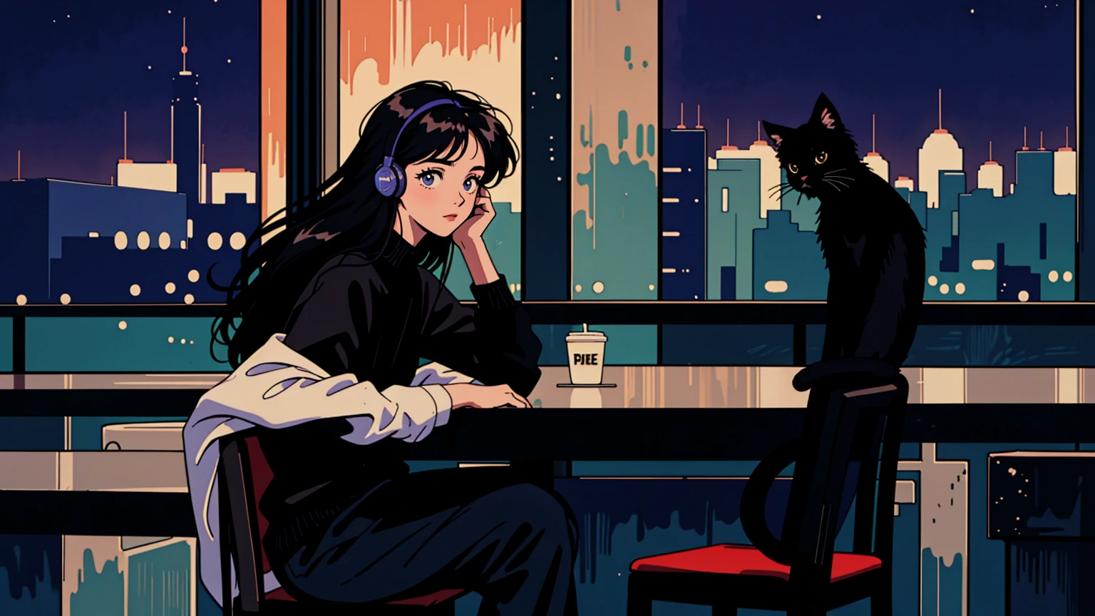 best quality, 8k, 1990s style,2010s hairstyles, 21 year old girl, black hair, long hair, light brown eyes, city pop, pants ,night view, wearing headphones, whole body, relax coffee,table,confection,Looking at me, Black cat
