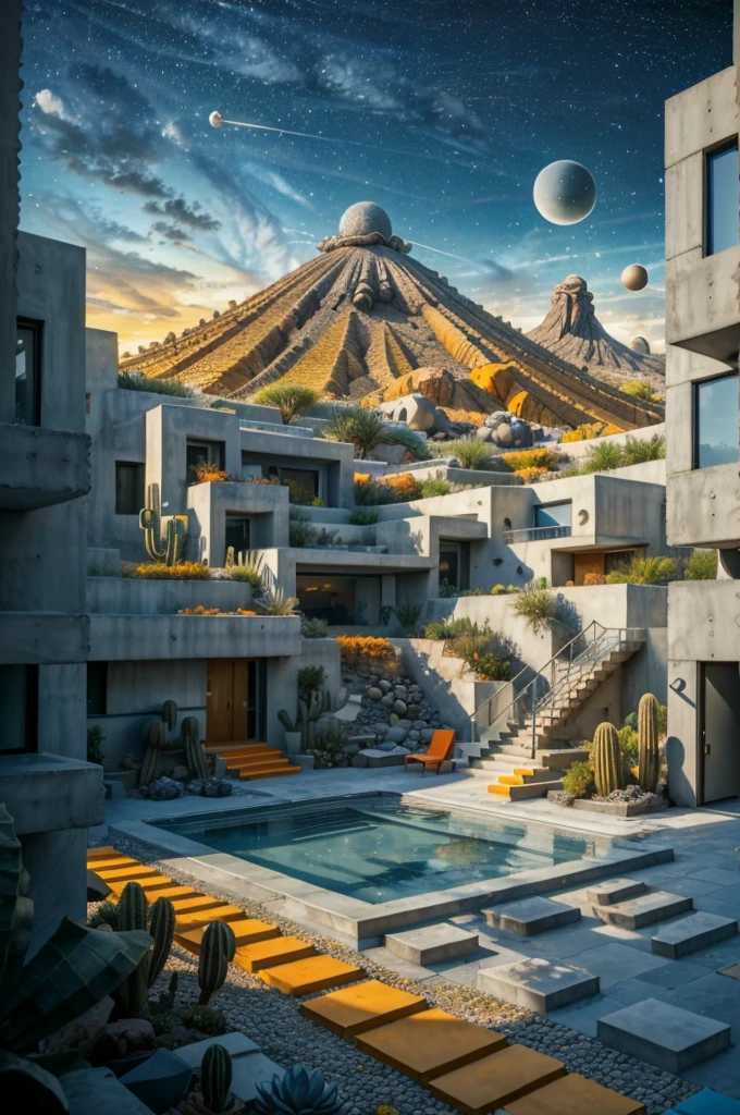 An illustration in collage style, with giant boulders, brutalist building sections, terraces, stairs, cacti, agave, concrete texture, multiple geometric shapes, hatch and cross hatching, planet saturn, volcano, moon, Luis Barragán's architectural style build, milky way galaxy, violet, one motorcycle, An illustration in collage style, with giant boulders, brutalist building sections, stairs, cacti, agave, concrete texture, multiple geometric shapes, hatch and cross hatching, planet saturn, volcano, moon, Luis Barragán's architectural style build, reflective pool, terraces. An elegant and modern build, in top of big boulders, with terraces, materials concrete, wood, steel and crystal, various gardens with tropical vegetation, cacti and rocks, stairs, a pool. In middle of sea, a big wave near, sunset, mountains and a volcano in the horizont, cute islands around, illustration format, cute color palette, detailed, masterpiece, award-winning work, clouds, Illustration, a garden with abundant cacti, ((various organic sculptures)), ((big rocks)), (((multiple sections))), collage style, detailed, (((color palette (olive green), (Mustard orange), cool grey, ((blue)), black and white))), (((a lot Luis barragán's architecture style builds))) big clouds, volcano in horizon, stairs, in the desert. ((masterpiece, best quality)),illustration,ultra detailed 8k, ((Ori Toor visual style)),soviet, megabuildings, megastructures, buildings, organic steel sculpture, brutalism, brutalism, brutalism, David Hockney, David Hockney, David Hockney