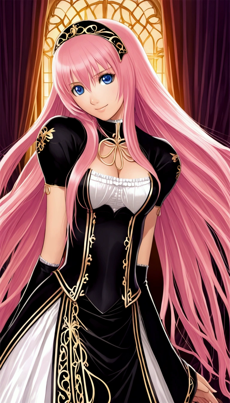 Detailed and beautiful depiction 1.1,Official Art,Beautiful adult woman ,Megurine Luka in official costume,Pink long hair,blue eyes,smile,Bedroom