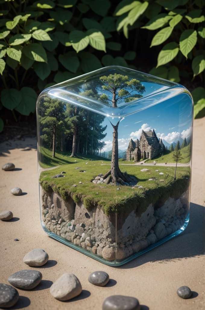 A masterpiece of microworld there is a 3D cube PS CS4 with a beautiful landscape of a beautiful forest full of greenery and beautiful flowers, in the center it has the text with the number "LS PRIME CONSULTORIA" the text is made entirely of rocks, there are butterflies flying around the forest landscape,In the transparency of the bottom of this cube you can see the earth and in it roots and small stones, on the ground surface of this work of art, Above this work at the distance of the viewer's eyes you can see scattered floating clouds, the background is a somewhat neutral pale gray color to highlight the details and shadows of this work of art.