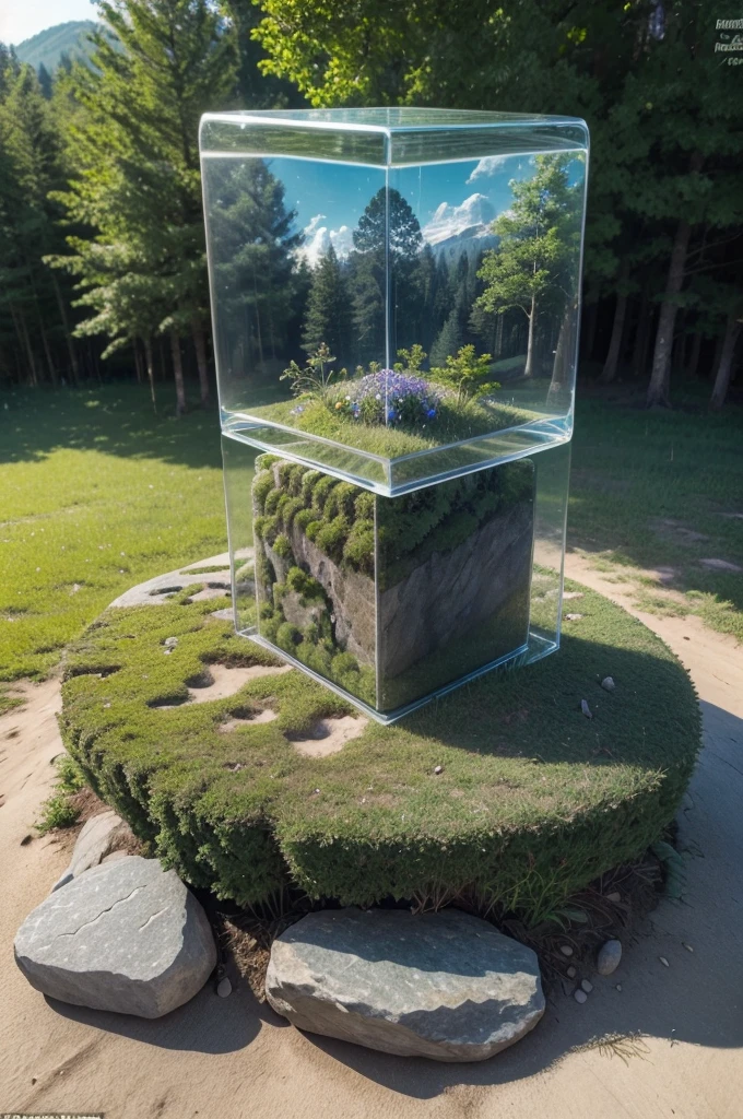 A masterpiece of microworld there is a 3D cube PS CS4 with a beautiful landscape of a beautiful forest full of greenery and beautiful flowers, in the center it has the text with the number "LS PRIME CONSULTORIA" the text is made entirely of rocks, there are butterflies flying around the forest landscape,In the transparency of the bottom of this cube you can see the earth and in it roots and small stones, on the ground surface of this work of art, Above this work at the distance of the viewer&#39;s eyes you can see scattered floating clouds, the background is a somewhat neutral pale gray color to highlight the details and shadows of this work of art.