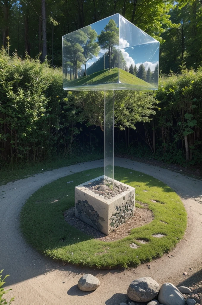 A masterpiece of microworld there is a 3D cube PS CS4 with a beautiful landscape of a beautiful forest full of greenery and beautiful flowers, in the center it has the text with the number "LS PRIME CONSULTORIA" the text is made entirely of rocks, there are butterflies flying around the forest landscape,In the transparency of the bottom of this cube you can see the earth and in it roots and small stones, on the ground surface of this work of art, Above this work at the distance of the viewer&#39;s eyes you can see scattered floating clouds, the background is a somewhat neutral pale gray color to highlight the details and shadows of this work of art.