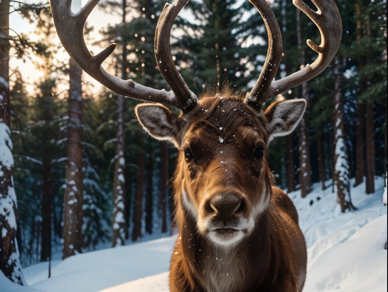 beautiful reindeer, 1 reindeer, detailed reindeer, photorealistic reindeer, reindeer in snow, reindeer in forest, winter landscape, snowy forest, (best quality,4k,8k,highres,masterpiece:1.2),ultra-detailed,(realistic,photorealistic,photo-realistic:1.37),intricate details,highly detailed, cinematic lighting, warm color tones, soft lighting