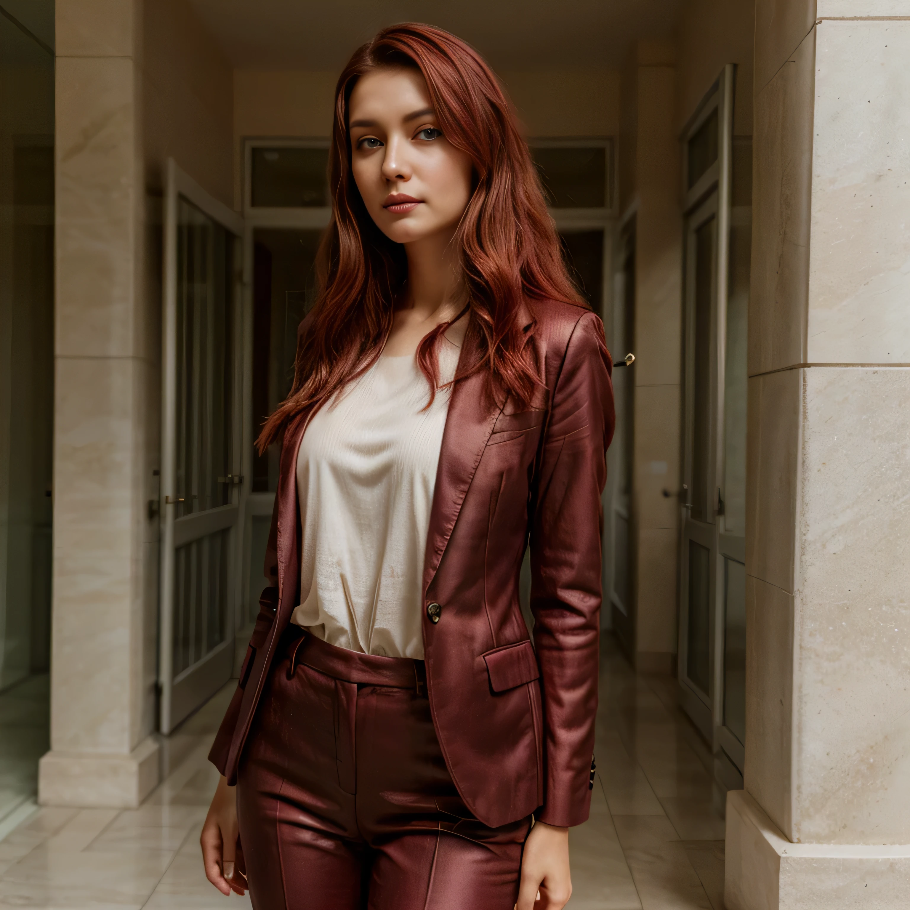 Beautiful tall woman with burgundy red hair and chili opal eyes super realistic and well detailed suit outfit