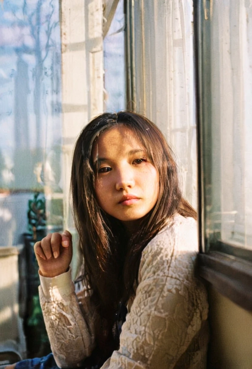 Photo of a window of a house, inside the window is a beautiful young asian woman in the 1970s, with her hair and clothing from the 1970s, the woman is sitting inside a house looking out through the window, the glass of the window is somewhat tarnished and dirty at the edges, the woman is looking straight at the camera with a lost look and a slight smile, (((the shot was taken from the outside of the house))), full color with a cinematographic lighting, high definition professional photography style ,photorealistic