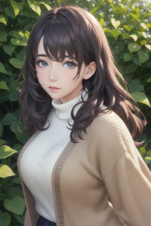 girl,Character design sheet,Beautiful attention to detail,Beautiful lip detail,Very detailed目と顔,Long eyelashes,Realistic,photoRealistic:1.37,Very detailed,Professional,Vibrant colors,Portraiture,Studio Lighting,Sharp focus,Physically Based Rendering,High resolution,超High resolution. blue eyes,Big eyes, Long Hair,Curly hair、Black Hair,Red cheeks,Droopy eyes,turtleneck,cardigan,Long skirt、garden,smartphone