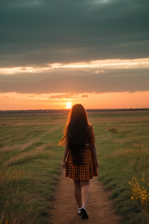 a teenage girl, with long hair and dressed in a , chubby girl, on your back looking towards a sunset. Her hair is blown by the wind. You can see more of the sky and orange, yellow and red predominate a lot.