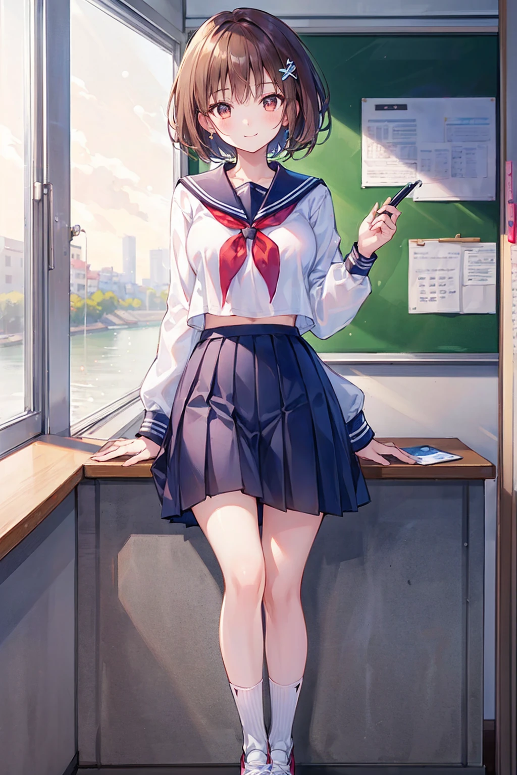 (masterpiece: 1.3),(Highest quality:1.4),超High resolution,(Detailed eyes),(Detailed facial features),(Detailed clothing features),High resolution,8k resolution, Ground Focus, bangs, Firm Skin, (Glowing Skin ),(Slender girl),dream-like, (Very detailedイラスト),scenery,No text, Virtual Girl Lynn, Happy, smile, (Small breasts), bangs, Bob Hair, short hair, Brown Hair, Brown eyes, One girl, student, high school, white , Sailor suit, Dark red pleated skirt, socks, sneakers,((Highest quality)), (Very detailed), (High-definition CG synthesis 8K wallpaper), 高いly detailed, 高い-definition raw color photos, Professional photography, (((Bokeh))), Written boundary depth,Underwear visible,classroom