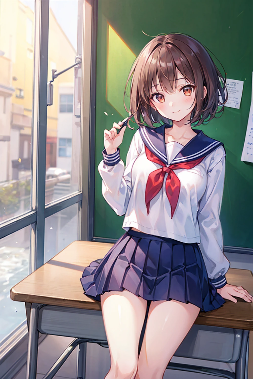(masterpiece: 1.3),(Highest quality:1.4),超High resolution,(Detailed eyes),(Detailed facial features),(Detailed clothing features),High resolution,8k resolution, Ground Focus, bangs, Firm Skin, (Glowing Skin ),(Slender girl),dream-like, (Very detailedイラスト),scenery,No text, Virtual Girl Lynn, Happy, smile, (Small breasts), bangs, Bob Hair, short hair, Brown Hair, Brown eyes, One girl, student, high school, white , Sailor suit, Dark red pleated skirt, socks, sneakers,((Highest quality)), (Very detailed), (High-definition CG synthesis 8K wallpaper), 高いly detailed, 高い-definition raw color photos, Professional photography, (((Bokeh))), Written boundary depth,Underwear visible,classroom