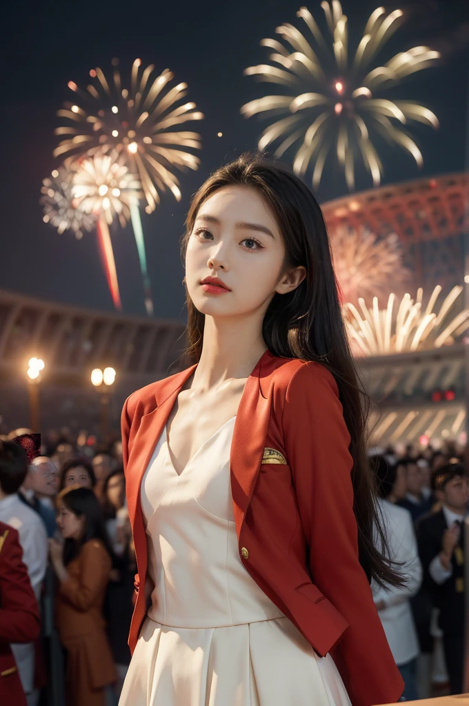 (((best quality))),(((ultra detailed))),(((masterpiece))),illustration, ((Olympic Opening Ceremony,in Paris,summer night,magnificent National stadium of France,Olympic flame, fireworks)),(crowded crowds of enthusiastic spectators:1.3),((a beautiful Chinese girl,solo)),((shoulder length straight hair:1.2)),((slim,thin)),((small breasts,flat chest)),(red blazer:1.5),(yellow dress:1.2),excited expression, awe, celebrating, electric atmosphere, sense of pride, excitement, playing field, crowd energy, unity, camaraderie, representing China, historic event, memorable moment,((standing,arms behind back)),((from front,upper body))
