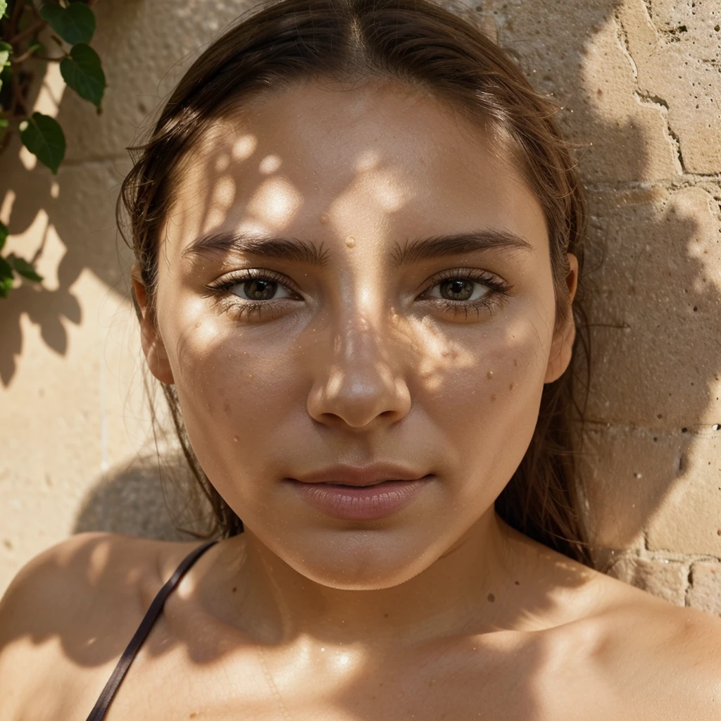 (front facing camera),(Texture de la peau, pores, naturel,iPhone,brut)), bright and sunny lighting, Full body photo'a woman with her hair styled to the side and wearing a ((tight)) , nikon z9, Realistic matte skin,blurred landscape with green trees and grassy hills in the background,