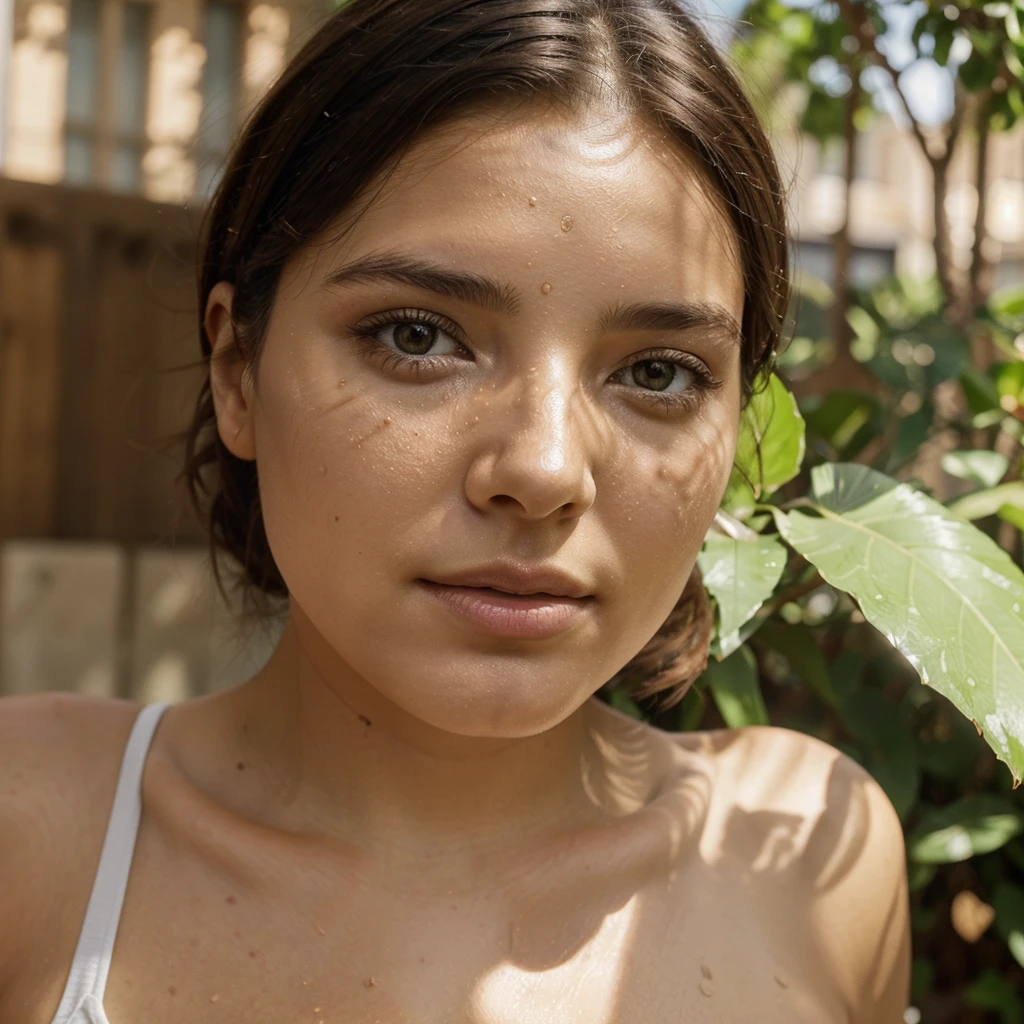 (front facing camera),(Texture de la peau, pores, naturel,iPhone,brut)), bright and sunny lighting, Full body photo&#39;a woman with her hair styled to the side and wearing a ((tight)) , nikon z9, Realistic matte skin,blurred landscape with green trees and grassy hills in the background,