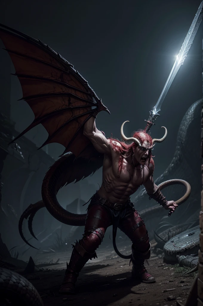 a dragon-headed demon with large horns, strong and strong upper body, demon skins, skins, ((claws, wings)), demonic armor, blood splatters, skulls on the ground, standing in a blood ritual, medieval, dark room, dim light, masterpiece, realistic, oil painting