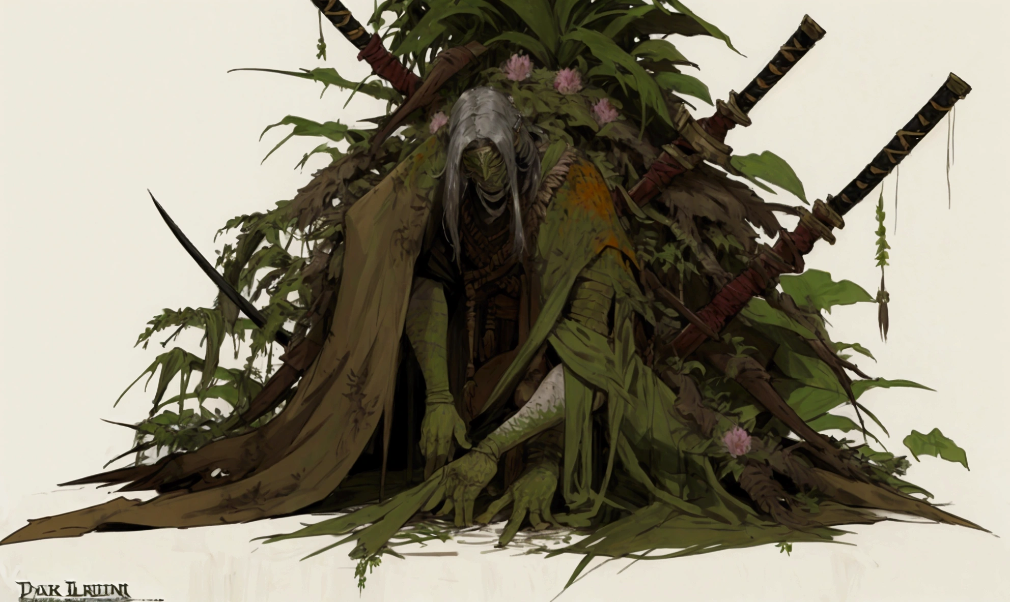 elden ring, dark souls, concept art sheet, items, weapons: Tribal Warrior wearing tattered clothing taken over by flowers and jungle plants