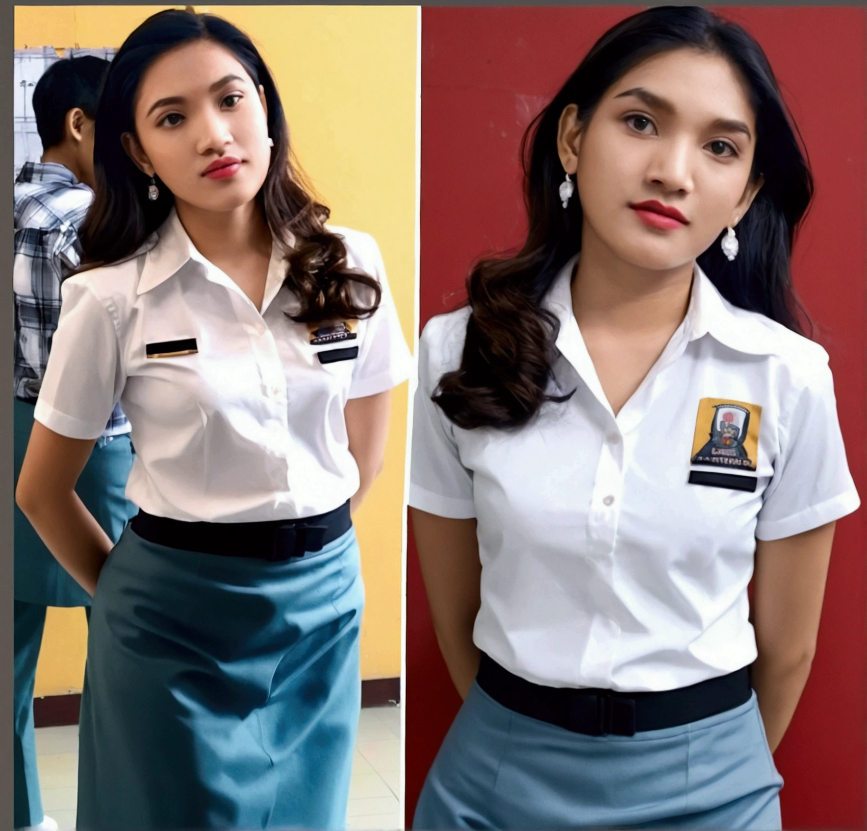 Beautiful woman, 18 years old, with an Indonesian high school student council uniform (white and gray, the clothes are super tight and fit her body and the skirt is long) with long, wavy black hair.  Standing posing in front of the class & also sitting in class (2 photos)!