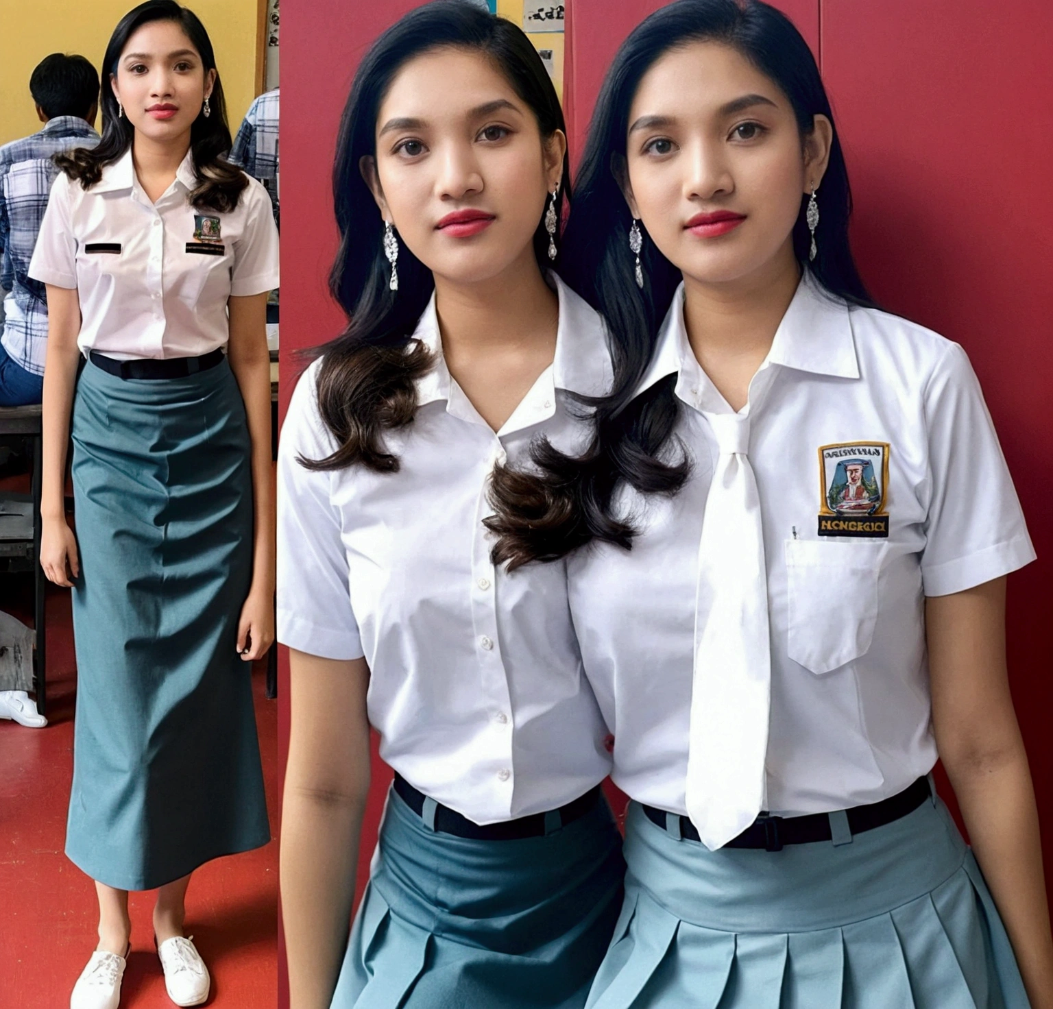 Beautiful woman, 18 years old, with an Indonesian high school student council uniform (white and gray, the clothes are super tight and fit her body and the skirt is long) with long, wavy black hair.  Standing posing in front of the class & also sitting in class (2 photos)!