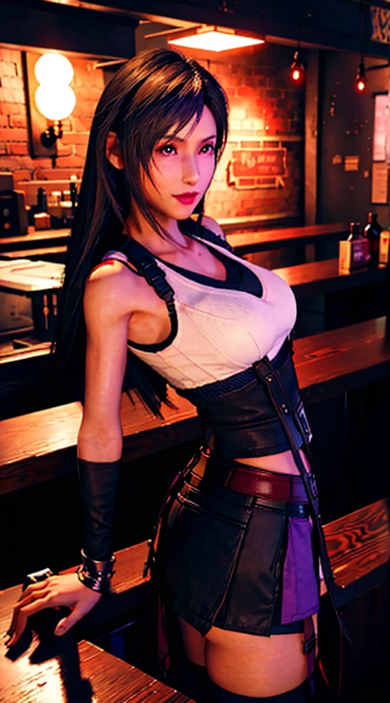 8k Tifa Lockhart, black hair down to the back, crimson eyes, symmetrical look, thin mouth, pink lipstick, rosto angelical, wearing purple miniskirt, behind a bar counter, personagem Tifa Lockhart de Final Fantasy VII