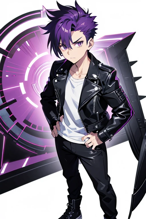 one man,black biker jacket,purple hair, short hair, spiky hair,full body shot,stubble,15 years old,look at viewer,standing,white shirt,hand on hip,from front,white background