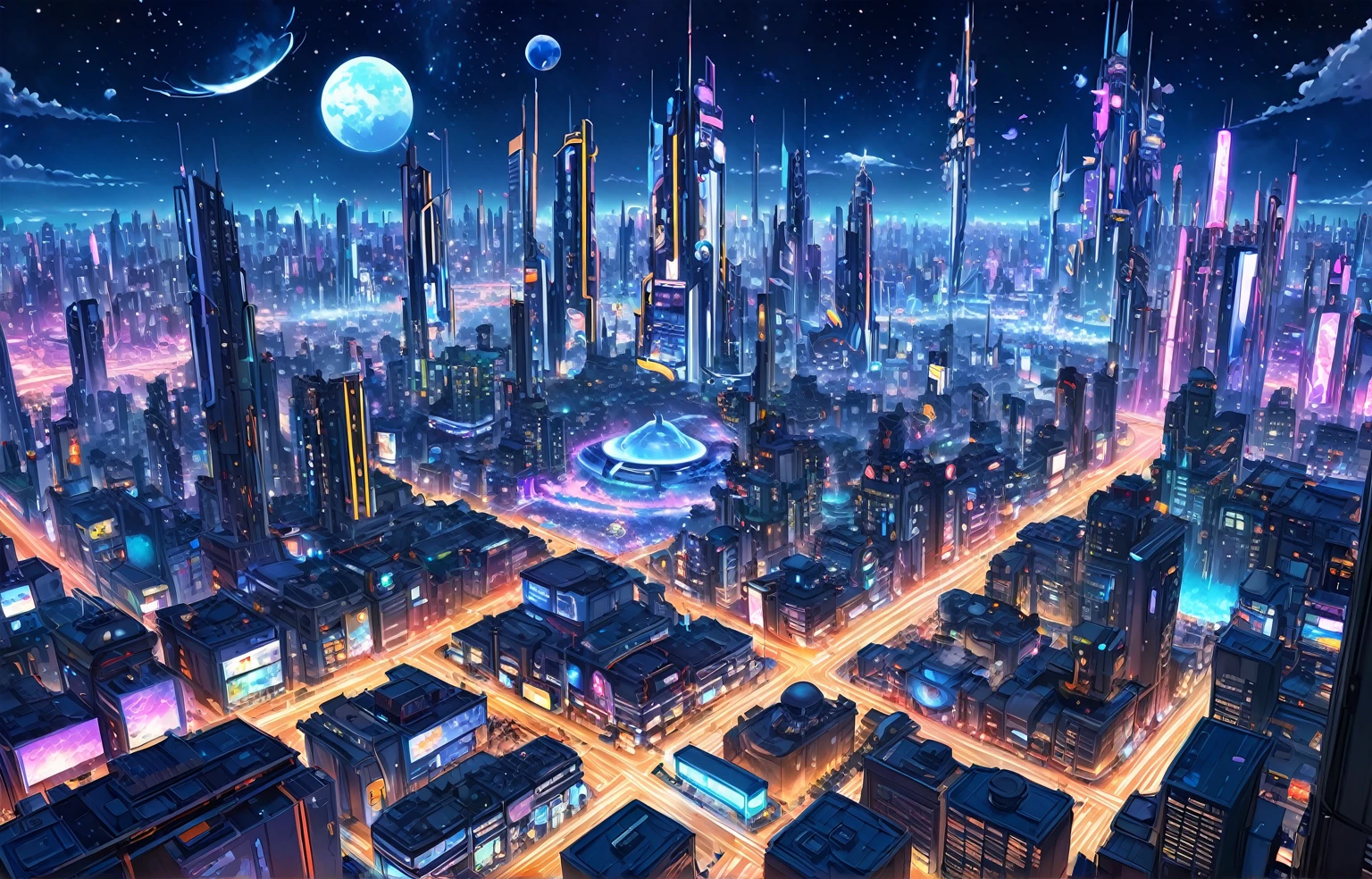 A painting of a Highly detailed A futuristic cyberpunk cityscape at night with towering neon-lit skyscrapers, flying cars, and a diverse crowd of humans and androids,, concept art inspired by Tosa Mitsuoki, pixiv contest winner, best quality, fantasy art, beautiful anime scene, , dream painting, Anime Background Art, Fantasy Landscape Art, Fantasy Night, Anime Background, Background Artwork, Fantastic Art, Atmospheric Anime, Starry Sky, Detail Enhanced.