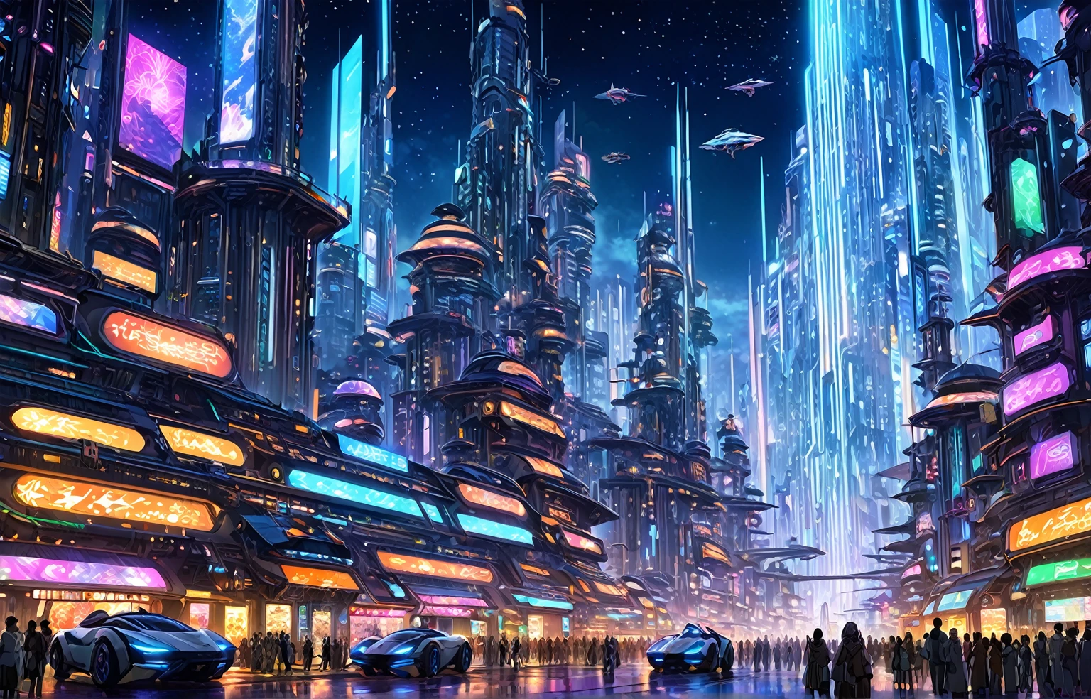 A painting of a Highly detailed A futuristic cyberpunk cityscape at night with towering neon-lit skyscrapers, flying cars, and a diverse crowd of humans and androids,, concept art inspired by Tosa Mitsuoki, pixiv contest winner, best quality, fantasy art, beautiful anime scene, , dream painting, Anime Background Art, Fantasy Landscape Art, Fantasy Night, Anime Background, Background Artwork, Fantastic Art, Atmospheric Anime, Starry Sky, Detail Enhanced.
