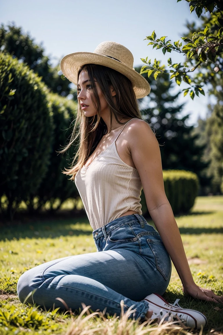 In this picturesque country scene, A 56-year-old model exudes confidence and elegance while enjoying a picnic in the middle of a lush field.. With an elegant hat adorning his head., Her long, straight hair cascades over her shoulders., highlighting your natural beauty. Sitting on the soft green grass, His symmetrical face and hypnotic gray eyes capture the tranquility of the environment.. The model&#39;s light brown skin shines under the warm sun., while its sculptural figure blends harmoniously with the surrounding nature.. Dressed in a set of country clothes., Its unique and sophisticated style adds a touch of class to the country setting. Ultra-realistic image quality., captured in 8K HD, highlights every detail of the rural environment, highlighting the model&#39;s ability to captivate with her charisma and style even in an environment as relaxed as a picnic in the countryside...