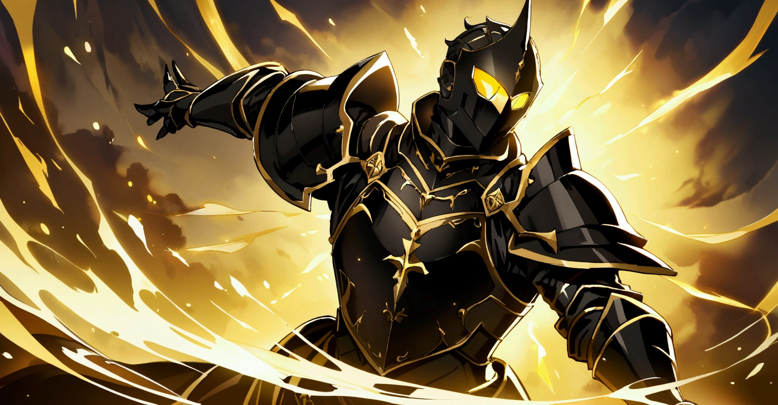 A knight in full black armor with gold details in a setting with a magical yellow aura