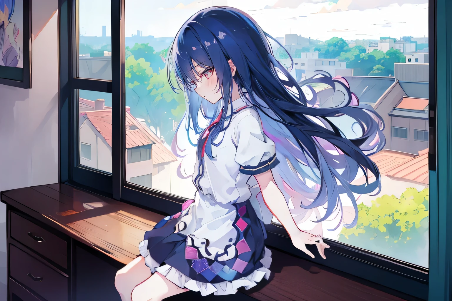 Anime Girl sitting on window sill drinking coffee and looking out the window, (Anime Girl), Anime cute art style, seductive Anime Girl, Beautiful anime high school, Cute girl anime visual, Night Core, Best Girl in Anime, young Anime Girl,dark blue long hair,Sit by the window
