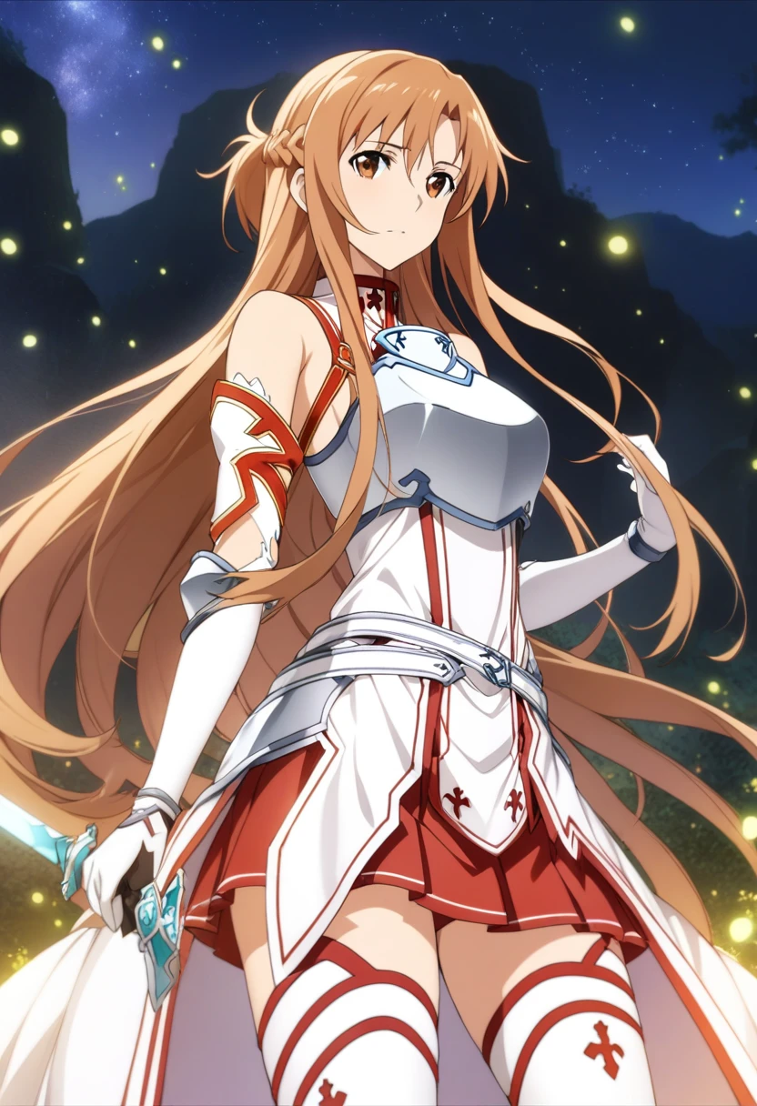 masterpiece, best quality, very aesthetic, absurdres, 1girl, mature_lady, ,,asuna_(sao), sword_art_online, brown_eyes, brown_hair, long_hair, very_long_hair, braid, french_braid,armor, armored_dress, breastplate, white_armor, belt, white_belt, dress, white_dress, detached_sleeves, elbow_gloves, gloves, sleeveless, sleeveless_dress, miniskirt, pleated_skirt, red_skirt, skirt, thighhighs, white_thighhighs, zettai_ryouiki,outsides,glowing stardust frontground,Fantasy Scen,sparkling,midnight,Fireflies