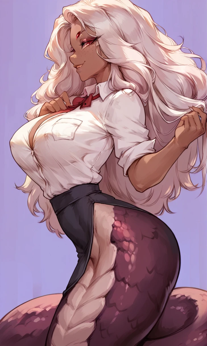 (solo) female anthro Lamia, long fluffy hair, fluffy hair, Lamia, big breasts, attractive, teacher dress, fit body, Lamia tail, arachne eyes, thicc, freckles, freckles on face, smug eyes, (happy expression), she is standing look to the right, violet background, simple background, thick thighs (dark skin, ebony, deep ebony) (side view)