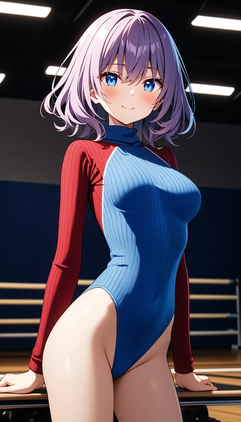 highquality illustration, masterpiece, very delicate and beautiful, attractive girl,(colorful leotard, heattech leotard,tight leotard,long_sleeve leotard,ribbed leotard,high_leg leotard,turtleneck leotard), thin,slender body,slim,gymnastics club,gymnastics athlete,bare legs,gymnasium background,beautiful eyes, light smile,(masterpiece, best quality:1.2), highres, extremely detailed CG unity 8k wallpaper, perfect lighting, Colourful, ultra-high res,4K,ultra-detailed, photography, 8K, HDR,   ages,cowboy shot,