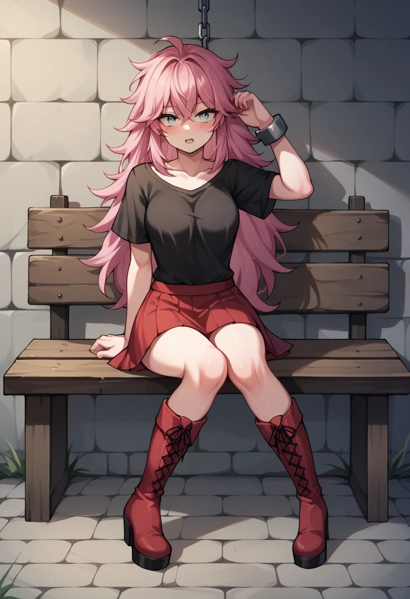 score_9, score_8_up, score_7_up, score_6_up, score_5_up, score_4_up, source_anime, 1woman, sit, stone bench, pink hair, long hair, white eyes, w-w-chain, shackles, arms, messy hair, black shirt, red skirt, red thigh high boots, platforms, moving the leg, dungeon, best quality, best res, 4K UHD,
 