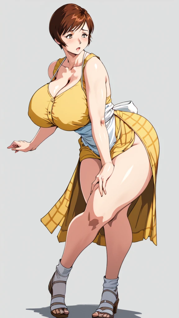 masterpiece, highest quality, High resolution, One girl, solo, sexual intercourse, Pornographic images, short hair, etsukoto, brown Eyes, fine grain, fine grain, (((Thick thighs, Plump thighs, Voluptuous thighs, Thighs alone are enough))), ((Huge and ample breasts, Cleavage, big long breasts)), Naughty big,((big breasts are important))、((Naughty thighs)), L Cup, (thin:1.4),(Tight waist:1.4),  (yellow dress:1.4), ((waist apron)), white panty, (((Simple Background))), ((Wide Hips)), Shiny, Oily skin, Mature mother, Calf, Seductive mature woman, milf, Perfect body, Plus Size Model, curvy, ample, etsukoto, blush, clavicle, retro artstyle, 1990s (style), (thick thighs:1.4), (from side:0.9), full body, feet, looking away, open stance, open legs, discovery stance,