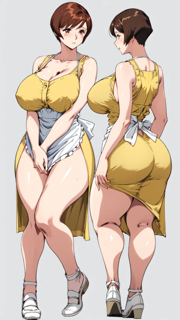masterpiece, highest quality, High resolution, One girl, solo, intercographic imaghort hair, etsukoto, brown Eyes, fine grain, fine grain, (((Thick thighs, Plump thighs, Voluptuous thighs, Thighs alone are enough))), ((Huge and ample breasts, Cleavage, bigreasts)), big,((big breasts ortant))、((Naughty thighs(thin:1.4),(Tight waist:1.4), (yellow dress:1.4), ((waist apron)), white panty, (((Simple Background))), ((Wide Hips)), Shiny, Okin, Mature mother, Calf, Seductive mature woman, milf, Perfect blus Size Model, curvy, ample, eo, blush, clav, retro artstyle, 1990s (style), (thick thighs:1.4), (from side:0.9), full body, feet, looking away, open stance, open legs, discovery stance,
