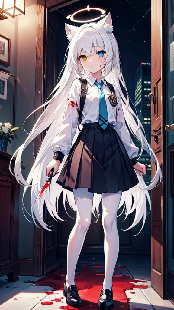 White pantyhose，White hair，Crazy people，Long hair，Cat ear，Heterochromia（Left blue right red），Female face，There are bright spots in the eyes，flat chest，red halo，night，uninhabited alley，Black skirt，With a knife，There are blood stains on the clothes，Blood stains on face，Loss of light in the eyes，Shadow on the face，Fake laugh，Blue tie