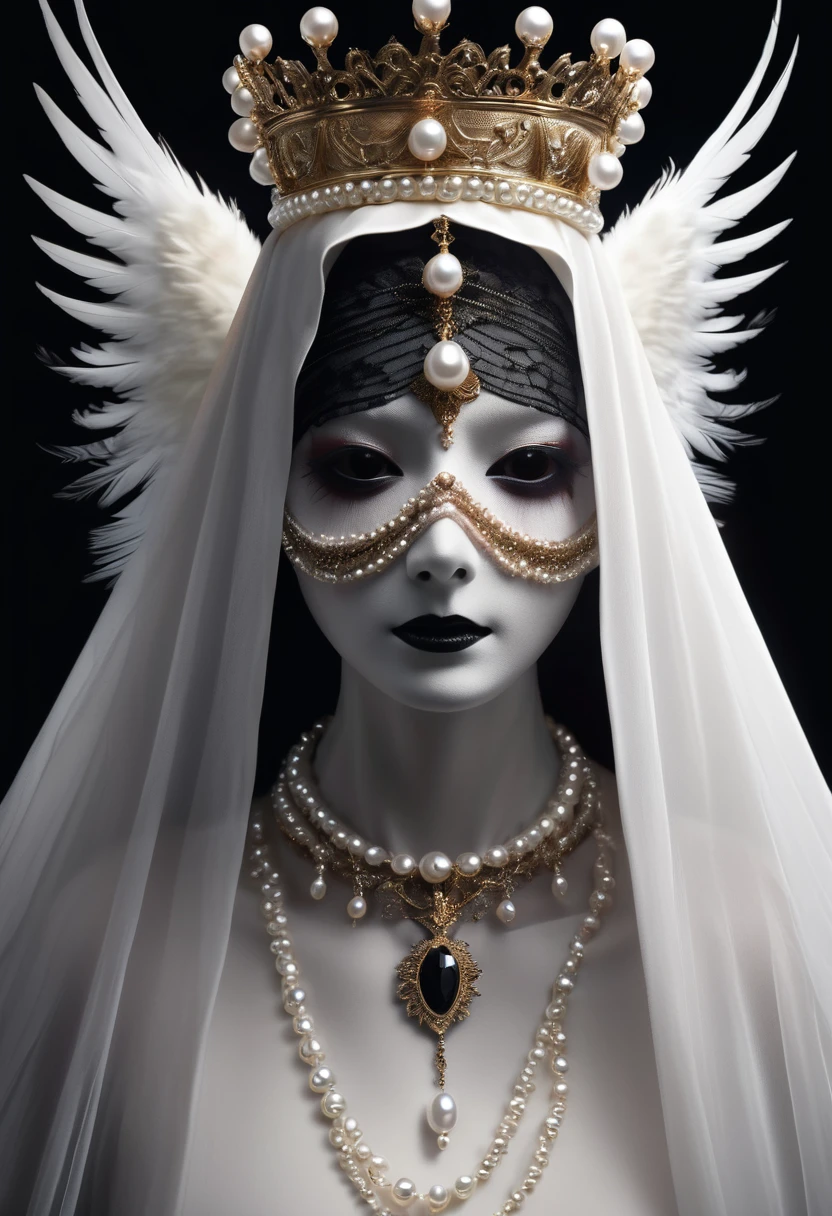 a disturbing faceless figure with skin covered in eyes, teeth, alone against a black background, wearing a crown, veil, hands, pearl necklace, feathered wings, (best quality,4k,8k,highres,masterpiece:1.2),unsettling aesthetic:1.56,horror