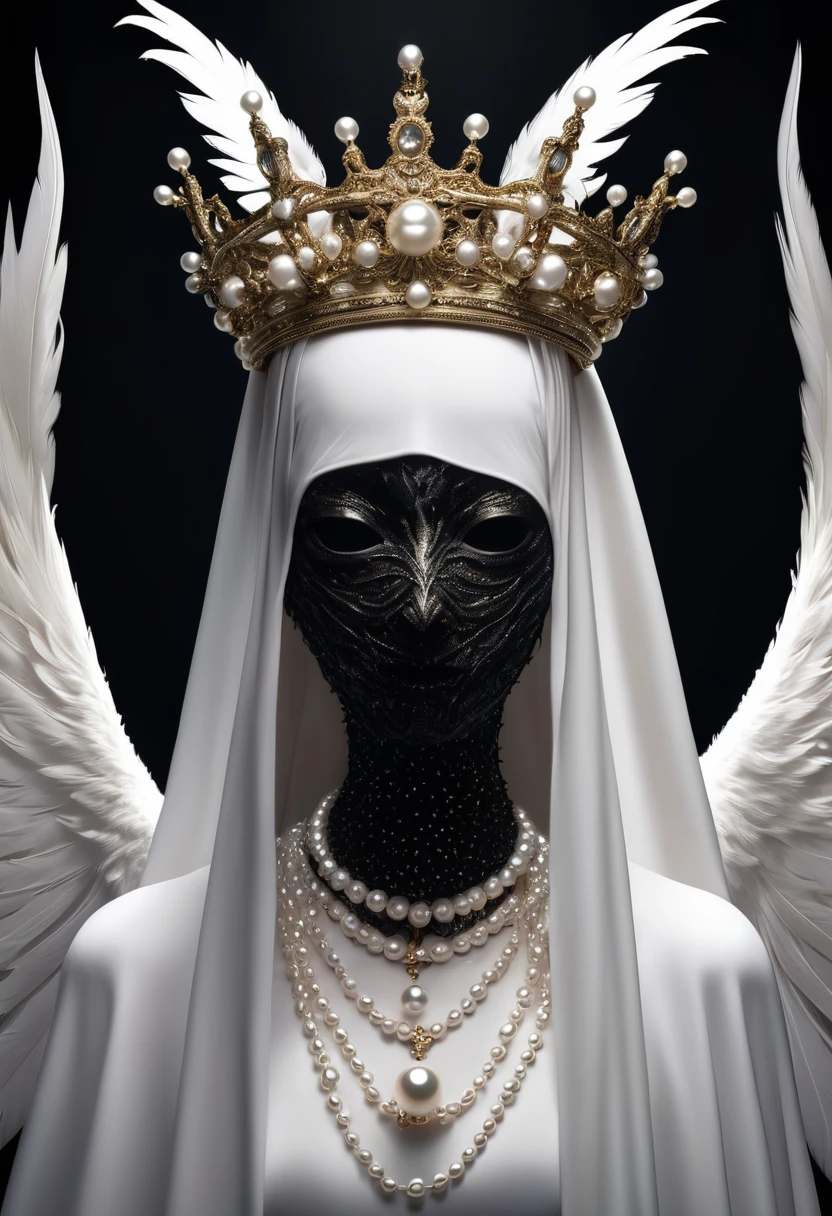 a disturbing faceless figure with skin covered in eyes, teeth, alone against a black background, wearing a crown, veil, hands, pearl necklace, feathered wings, (best quality,4k,8k,highres,masterpiece:1.2),unsettling aesthetic:1.56,horror