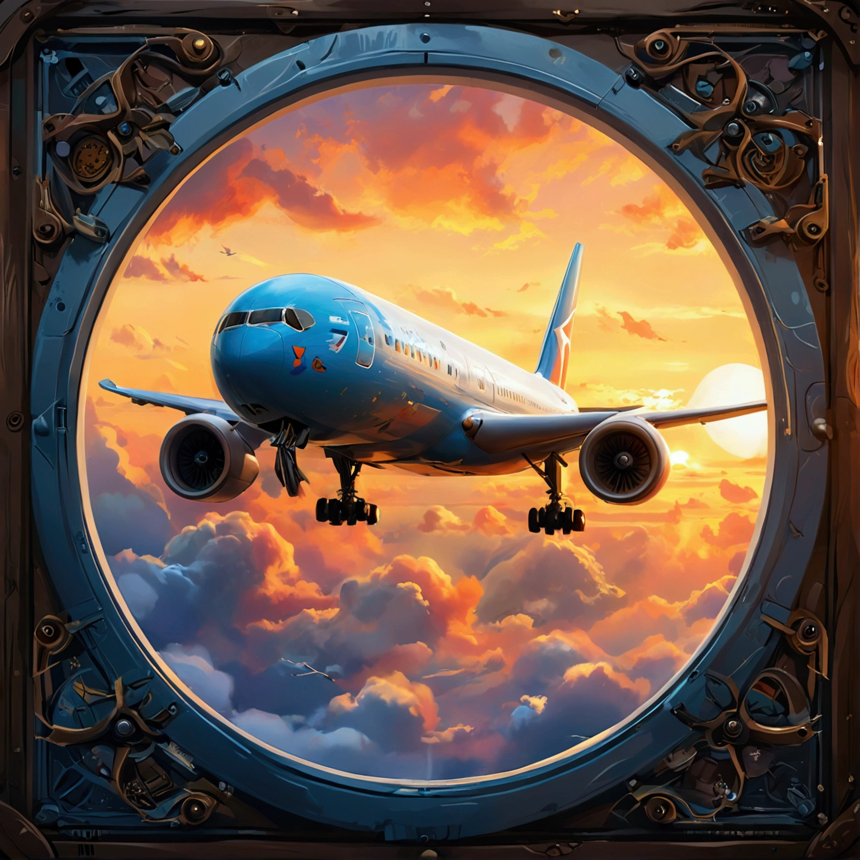 Create an illustration that meets the following conditions:。-Create an icon。-Use a round frame and add airplane-related decorations -Draw a plane Boeing 777。- Finish with high-quality illustrations。-Make it look like a character that children will love