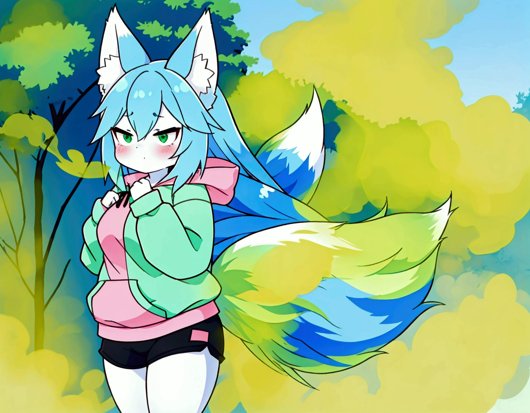 Cute blue-haired fox girl with white skin farting(HUD’s two-dimensional face),Wearing black shorts and a pink hoodie with one tail and fox ears,farting(green smoke)