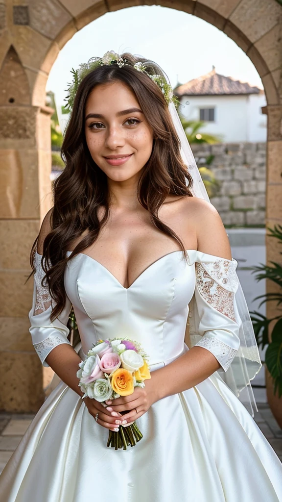 23 year old hyperrealistic brazilian girl in selfie mode for instagram snapchat influencer in wedding dress, wedding dress with sleeve silhuette princess, sefie, hiperrealista, mirada very happy,  smile, 23 year old hyperrealistic latin girl with freckles in selfie mode for instagram snapchat influencer , long hair, eyes detailed, religious, holding bouquet