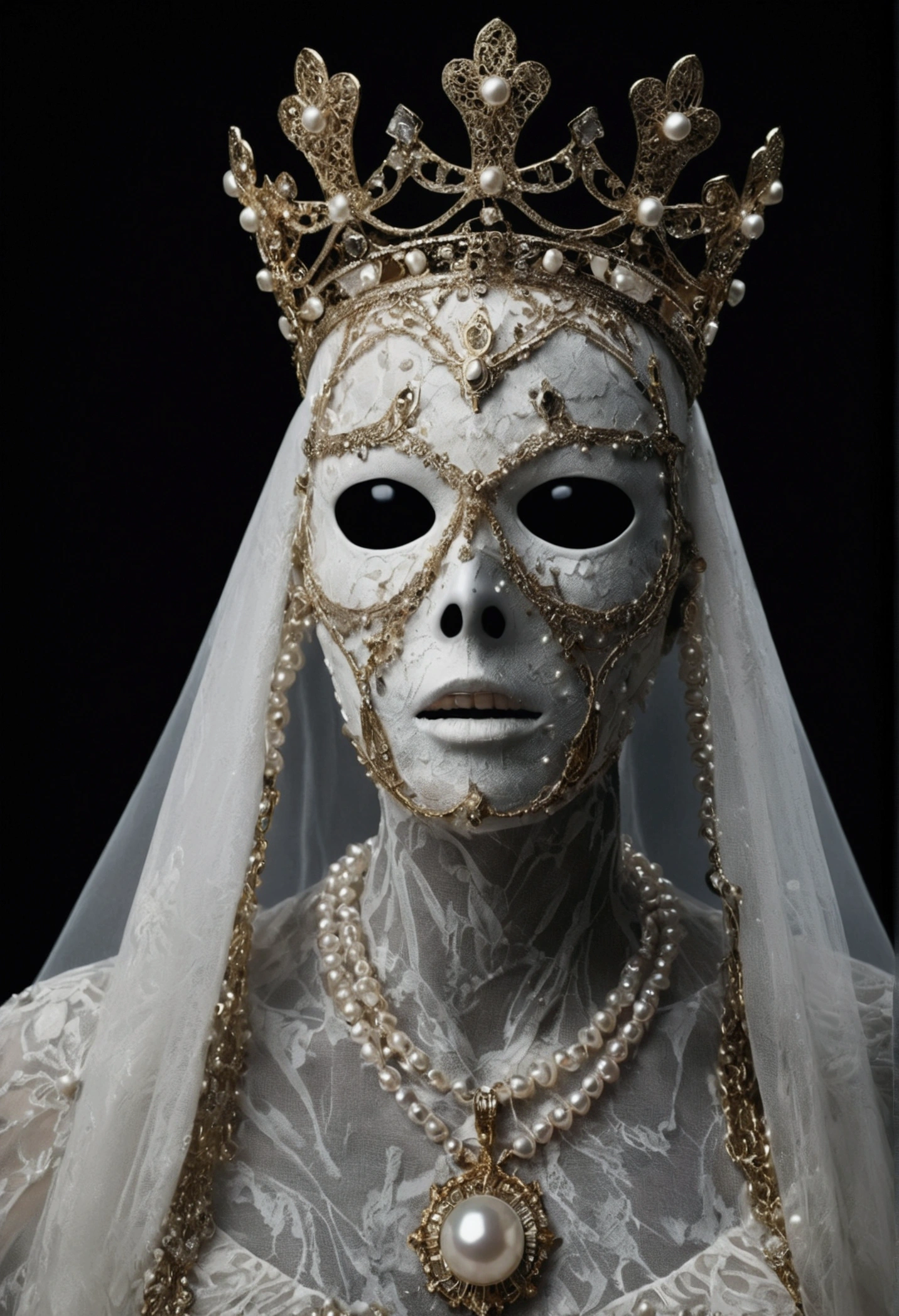 a disturbing faceless figure with skin covered in eyes, teeth, alone against a black background, wearing a crown, veil, hands, pearl necklace, feathered wings, (best quality,4k,8k,highres,masterpiece:1.2),unsettling aesthetic:1.56,horror