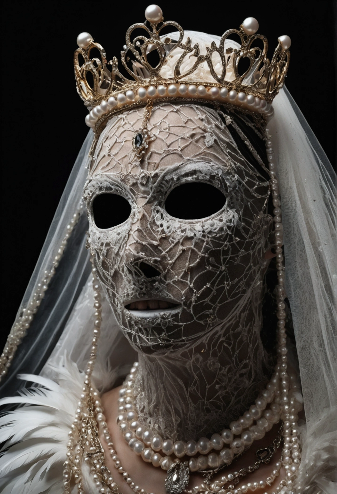 a disturbing faceless figure with skin covered in eyes, teeth, alone against a black background, wearing a crown, veil, hands, pearl necklace, feathered wings, (best quality,4k,8k,highres,masterpiece:1.2),unsettling aesthetic:1.56,horror