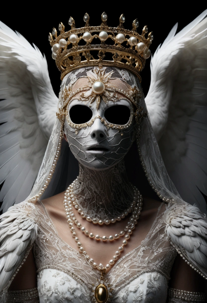 a disturbing faceless figure with skin covered in eyes, teeth, alone against a black background, wearing a crown, veil, hands, pearl necklace, feathered wings, (best quality,4k,8k,highres,masterpiece:1.2),unsettling aesthetic:1.56,horror