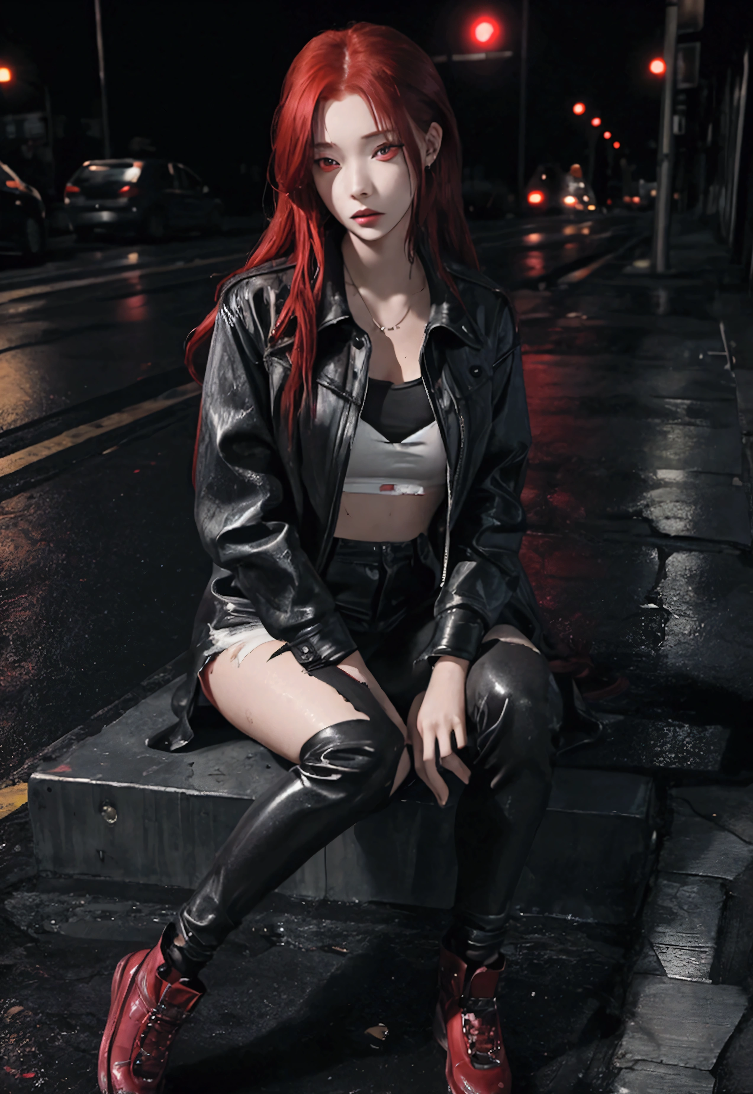 Young woman, Red hair, Red eyes, torn clothes, tramp, gloomy aesthetic, Sitting on the curb, wet asphalt