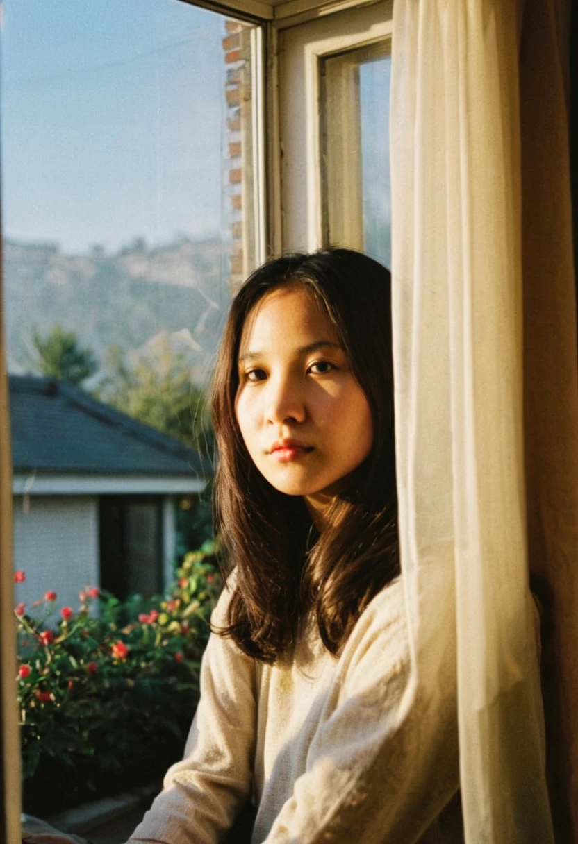 Photo of a window of a house, inside the window is a beautiful young asian woman in the 1970s, with her hair and clothing from the 1970s, the woman is sitting inside a house looking out through the window, the glass of the window is somewhat tarnished and dirty at the edges, the woman is looking straight at the camera with a lost look and a slight smile, (((the shot was taken from the outside of the house))), full color with a cinematographic lighting, high definition professional photography style ,photorealistic
